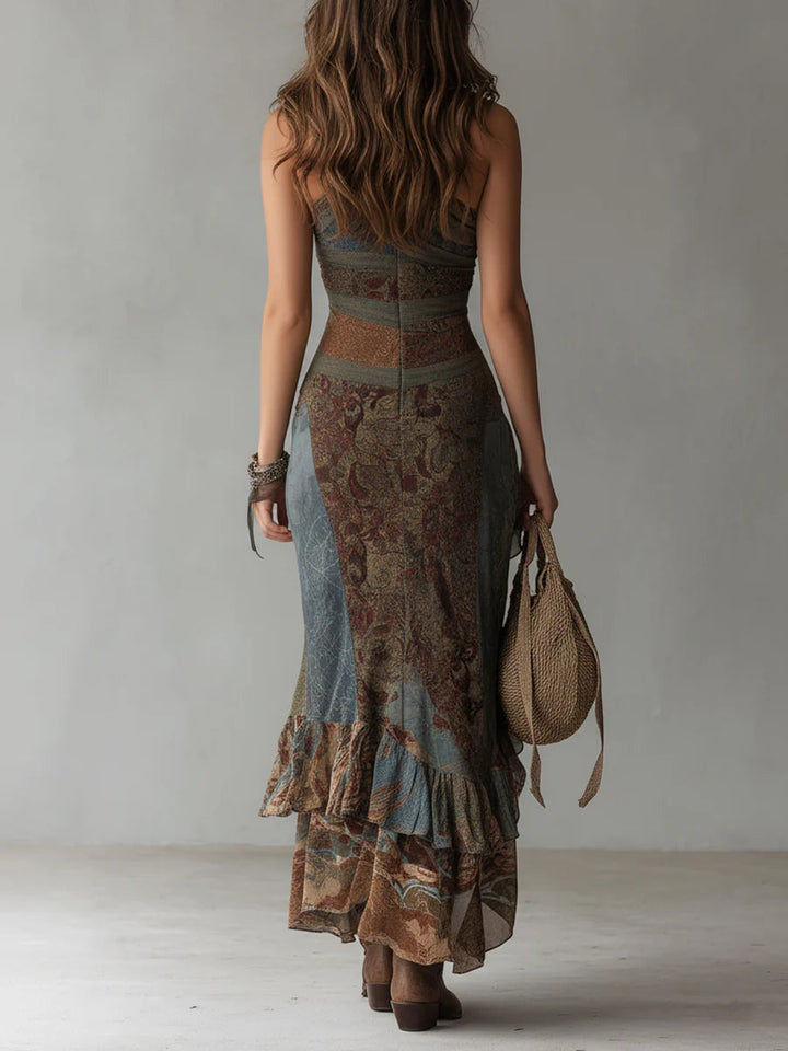 Elena | Asymmetric one-shoulder long dress with ethnic print and high slit