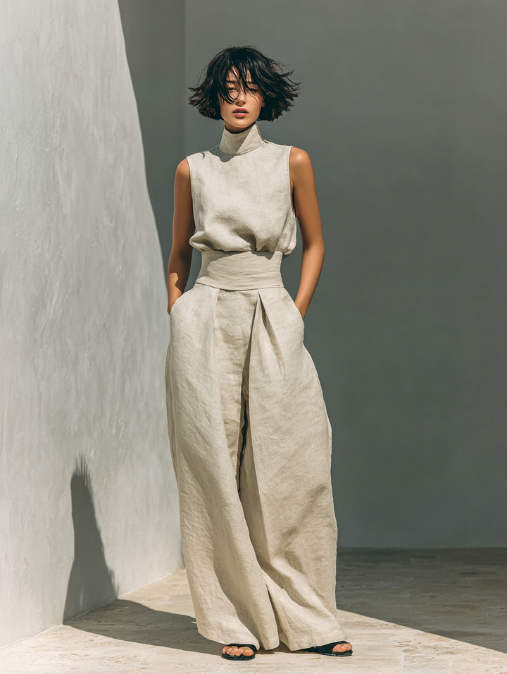 Tatiana | Two Piece Set  Sleeveless Blouse & Wide-leg Pants made of a cotton-linen blend.