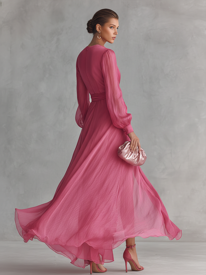 Sofia | Elegant long women's dress in pearl pink chiffon with V-neck and waist belt