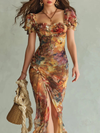 Clara | Elegant Maxi Dress with Square Neckline, Short Sleeves, and Floral Stripes