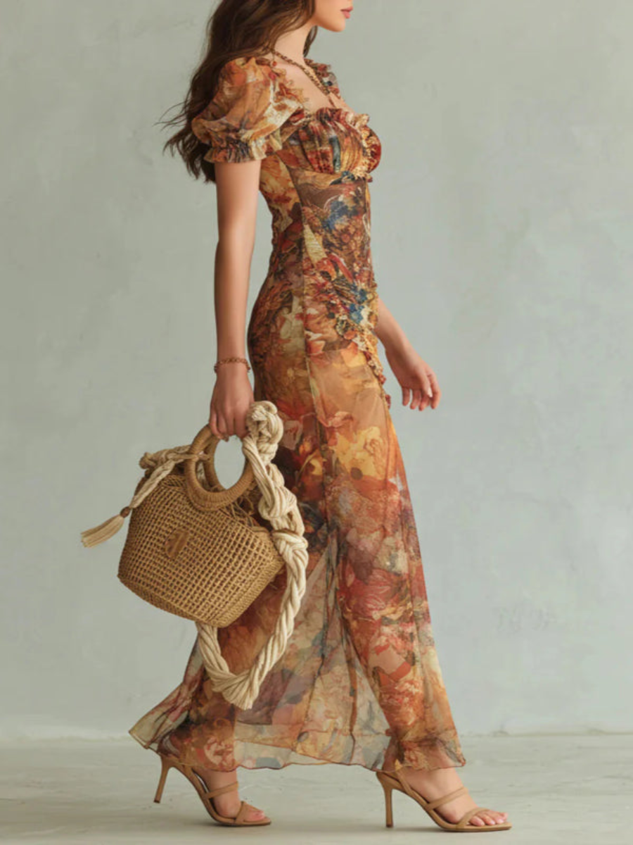 Clara | Elegant Maxi Dress with Square Neckline, Short Sleeves, and Floral Stripes