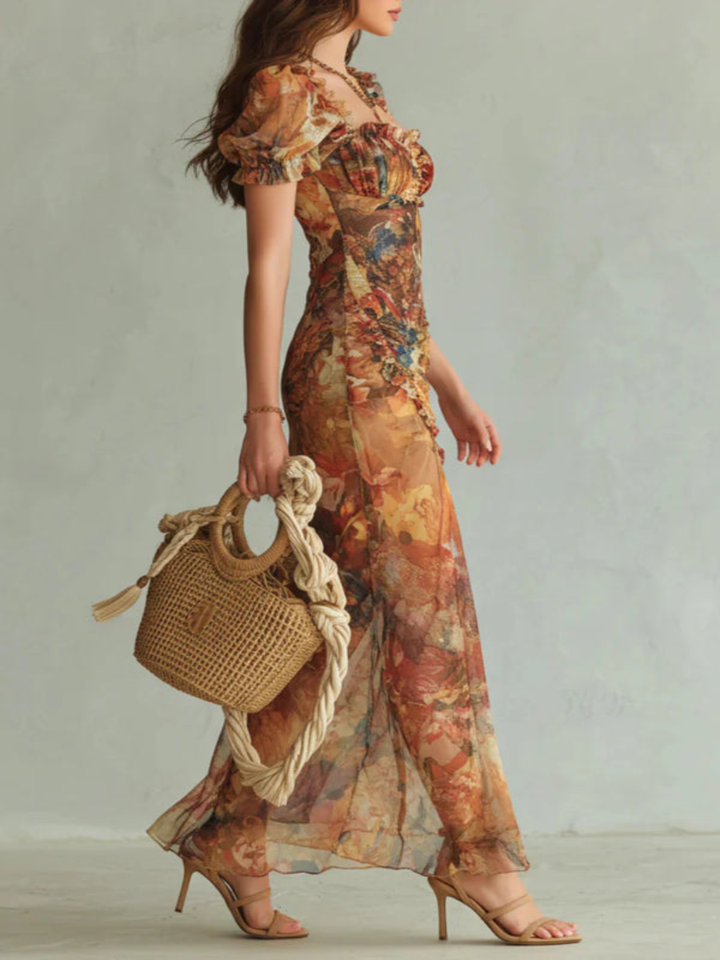 Clara | Elegant Maxi Dress with Square Neckline, Short Sleeves, and Floral Stripes