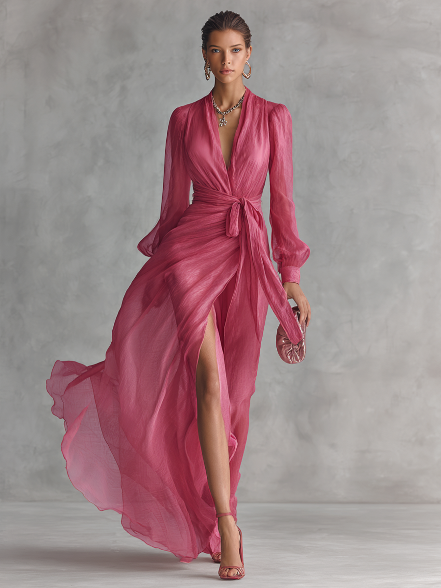 Sofia | Elegant long women's dress in pearl pink chiffon with V-neck and waist belt
