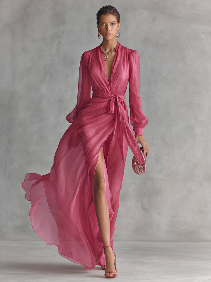 Sofia | Elegant long women's dress in pearl pink chiffon with V-neck and waist belt