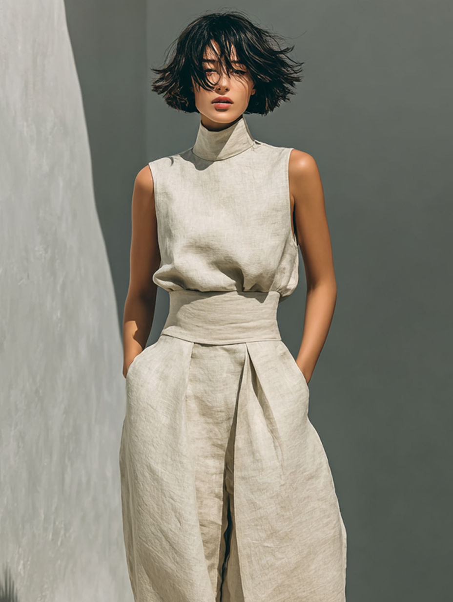 Tatiana | Two Piece Set  Sleeveless Blouse & Wide-leg Pants made of a cotton-linen blend.