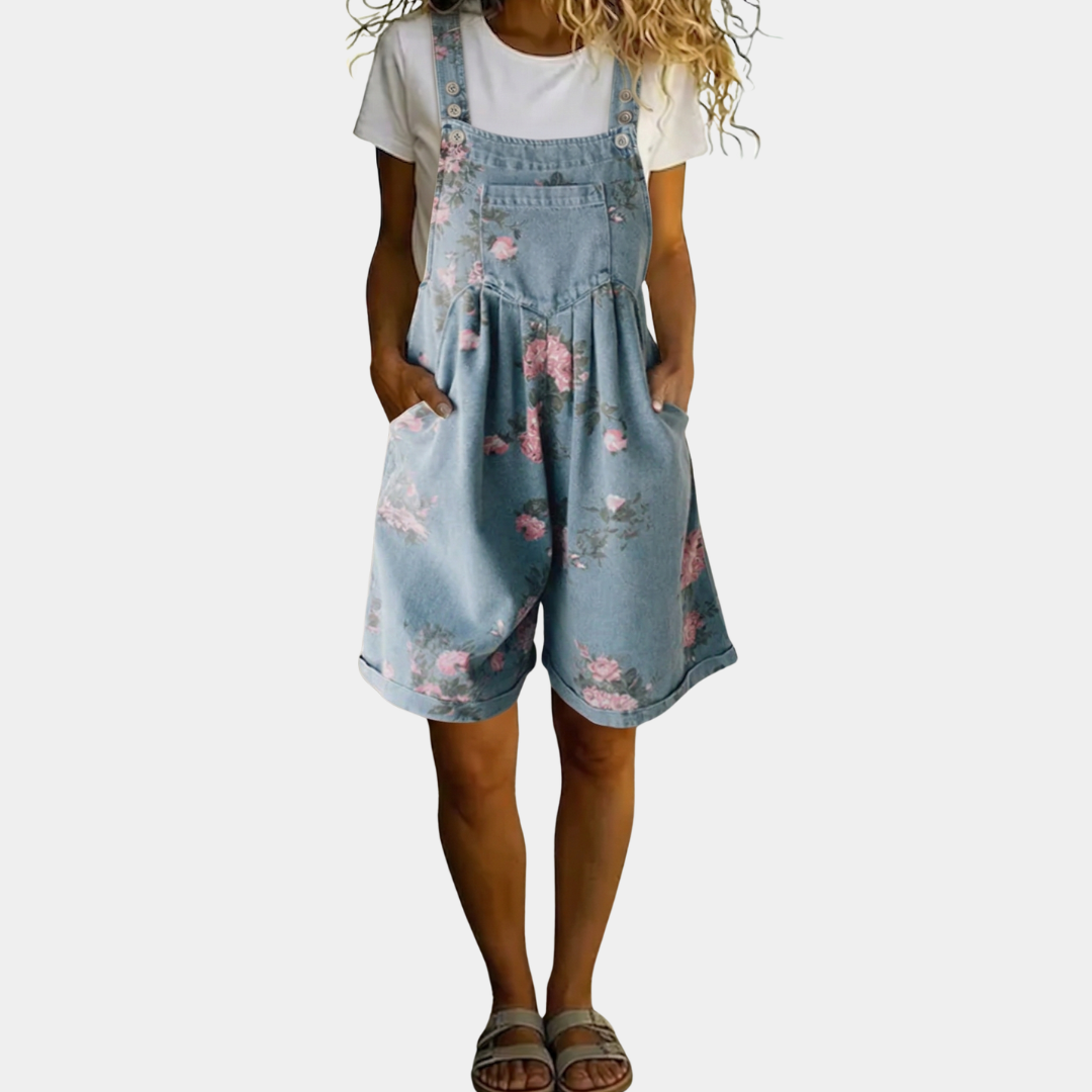 Adriana - Floral denim jumpsuit with soft cotton and vintage wash