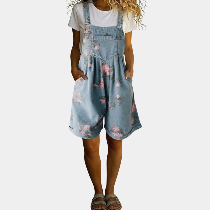 Adriana - Floral denim jumpsuit with soft cotton and vintage wash