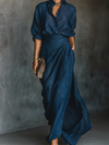 Zarya | Long Sleeve Shirt Set with Collar and Elegant Solid Color Maxi Pleated Skirt