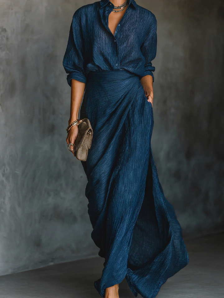 Zarya | Long Sleeve Shirt Set with Collar and Elegant Solid Color Maxi Pleated Skirt