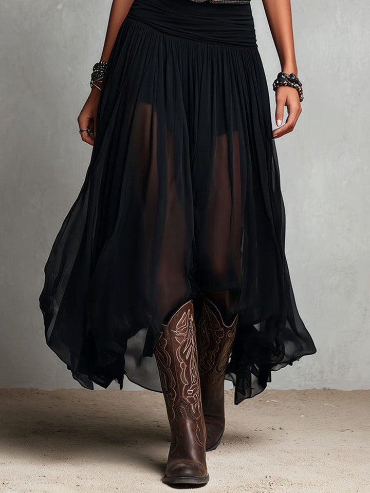 Daria | Black Boho Western Stretchy Maxi Dress with Sheer Skirt