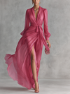 Sofia | Elegant long women's dress in pearl pink chiffon with V-neck and waist belt