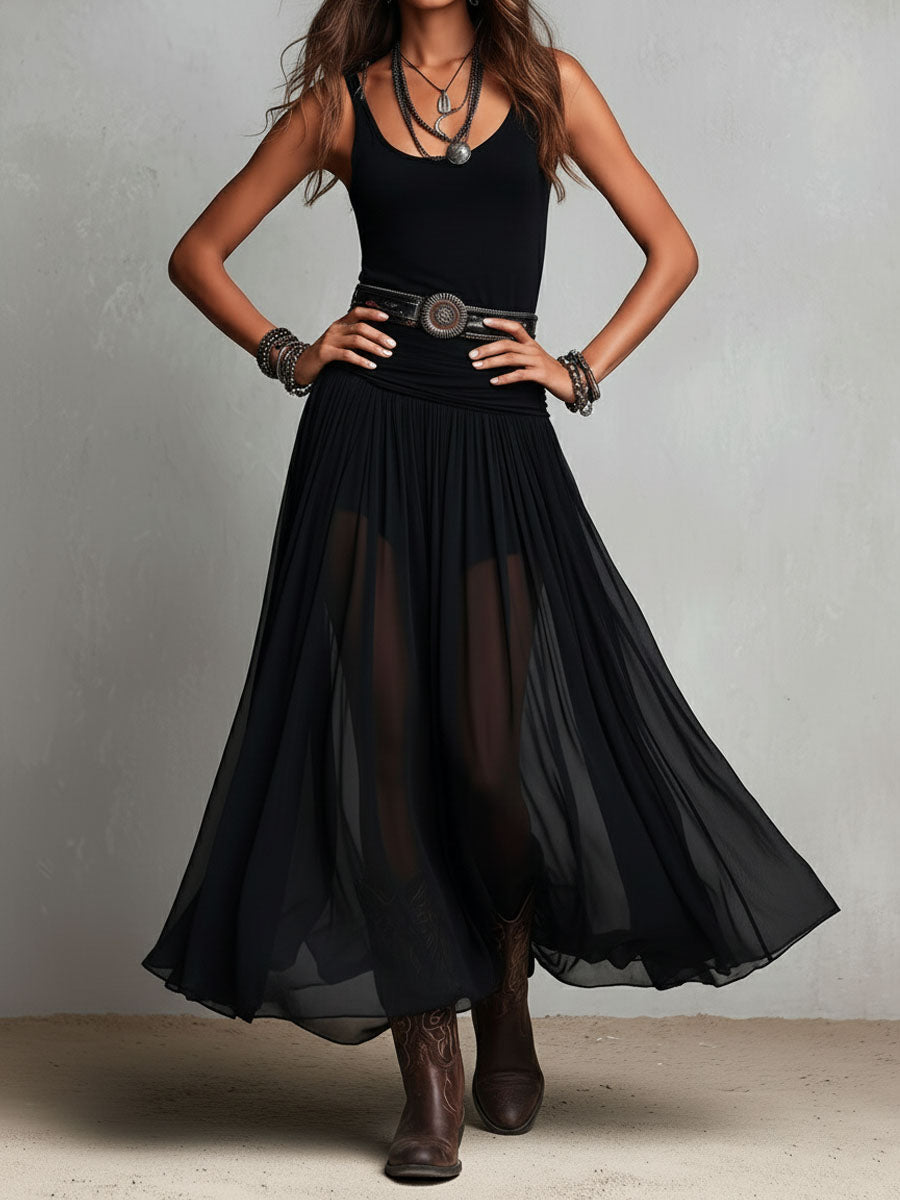 Daria | Black Boho Western Stretchy Maxi Dress with Sheer Skirt