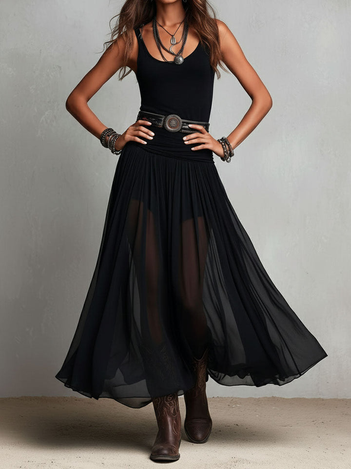 Daria | Black Boho Western Stretchy Maxi Dress with Sheer Skirt