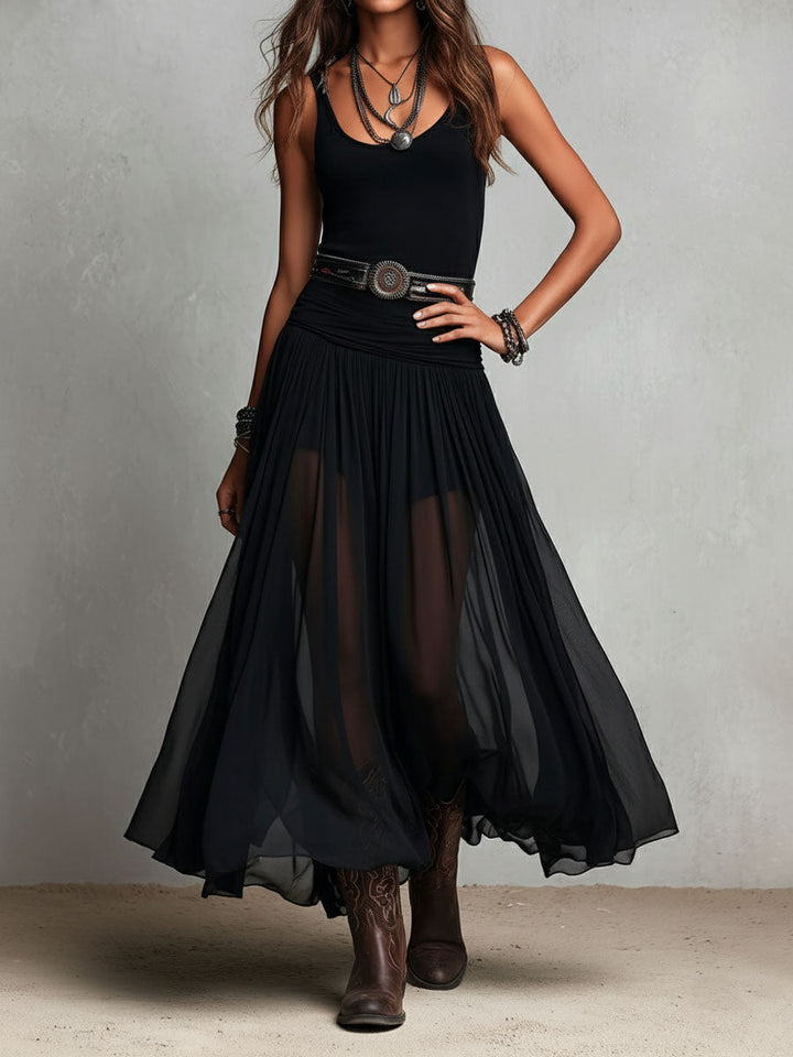 Daria | Black Boho Western Stretchy Maxi Dress with Sheer Skirt