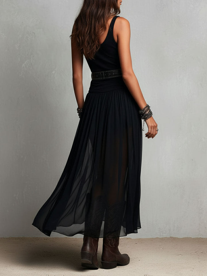 Daria | Black Boho Western Stretchy Maxi Dress with Sheer Skirt
