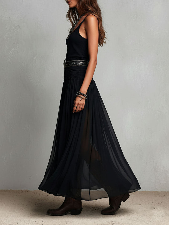 Daria | Black Boho Western Stretchy Maxi Dress with Sheer Skirt