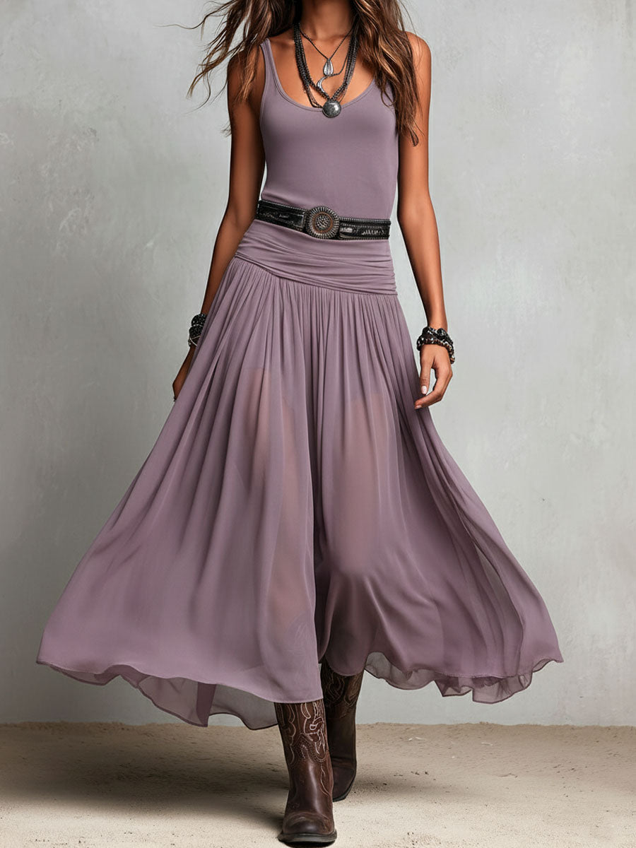 Daria | Black Boho Western Stretchy Maxi Dress with Sheer Skirt