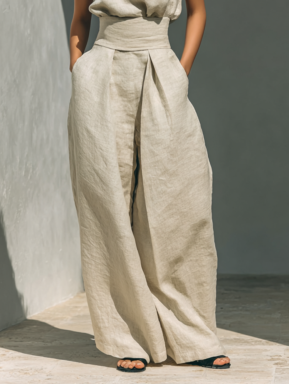 Tatiana | Two Piece Set  Sleeveless Blouse & Wide-leg Pants made of a cotton-linen blend.