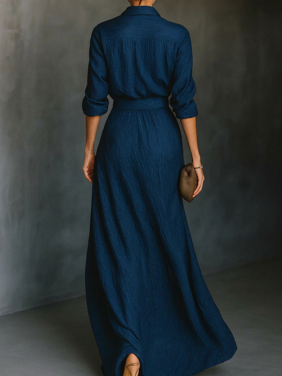 Zarya | Long Sleeve Shirt Set with Collar and Elegant Solid Color Maxi Pleated Skirt