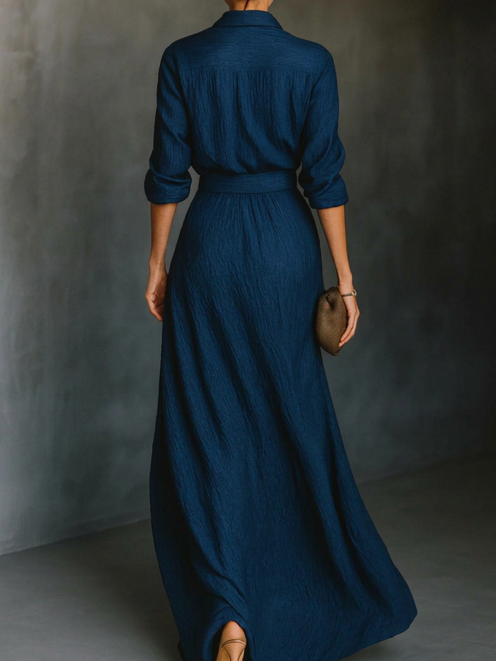 Zarya | Long Sleeve Shirt Set with Collar and Elegant Solid Color Maxi Pleated Skirt