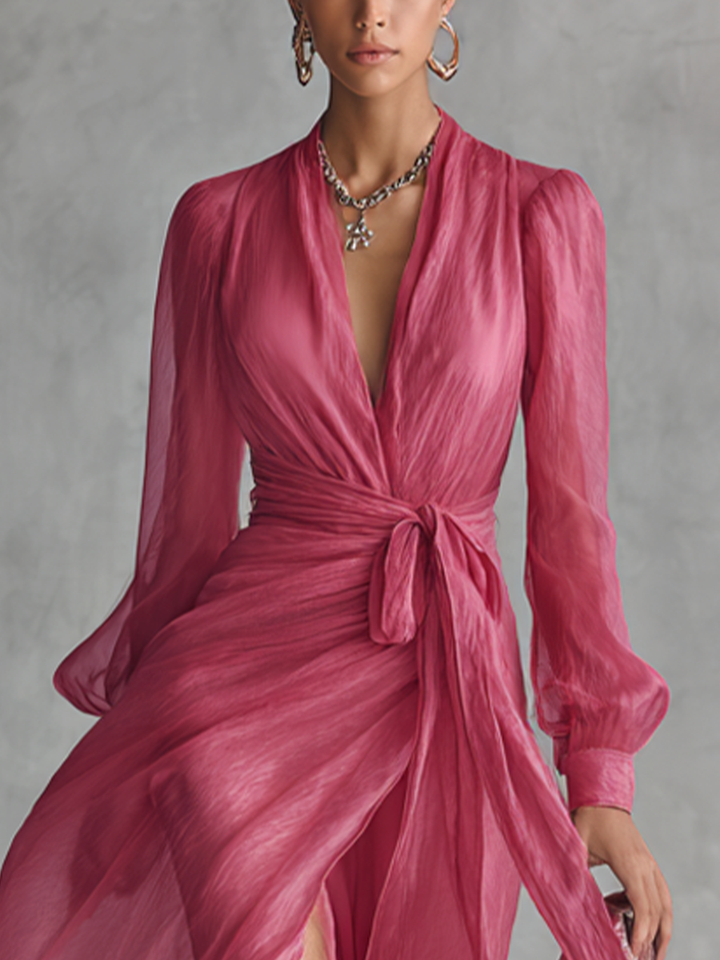 Sofia | Elegant long women's dress in pearl pink chiffon with V-neck and waist belt