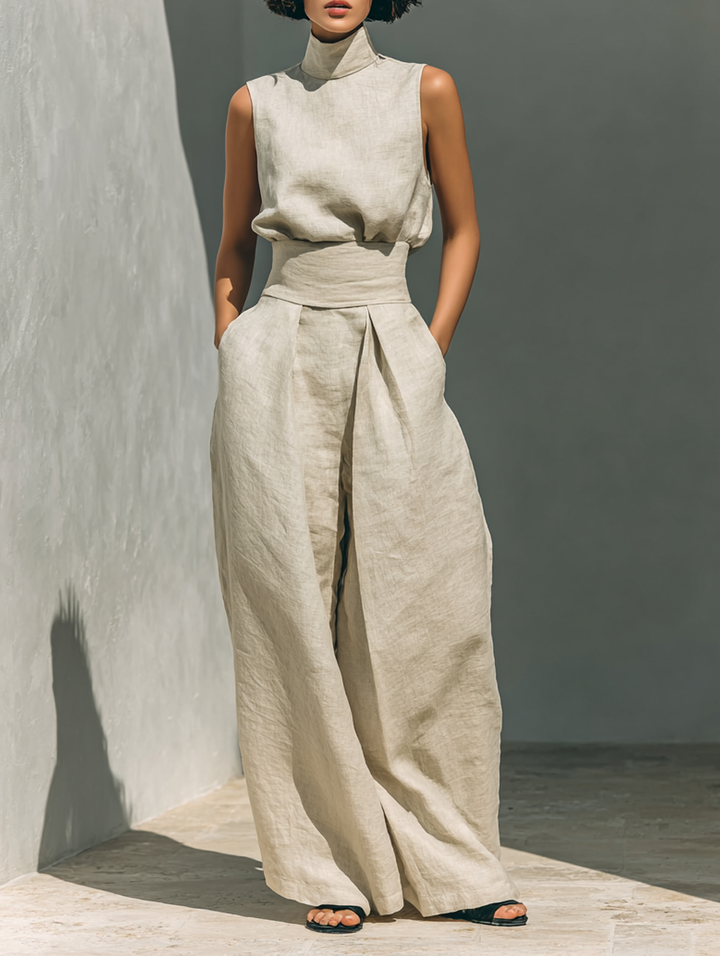 Tatiana | Two Piece Set  Sleeveless Blouse & Wide-leg Pants made of a cotton-linen blend.