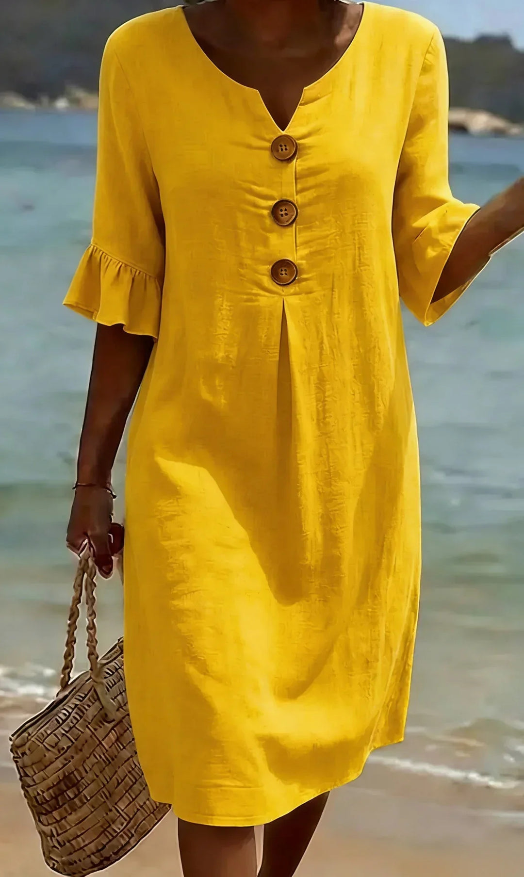 Vanesa™ | Textured Linen Dress with Puff Sleeves and Buttons