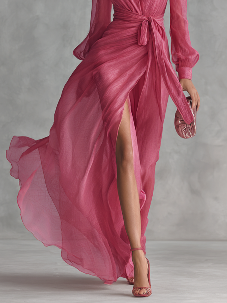 Sofia | Elegant long women's dress in pearl pink chiffon with V-neck and waist belt