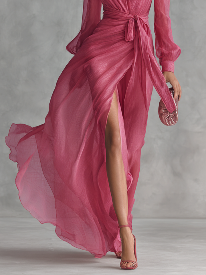 Sofia | Elegant long women's dress in pearl pink chiffon with V-neck and waist belt