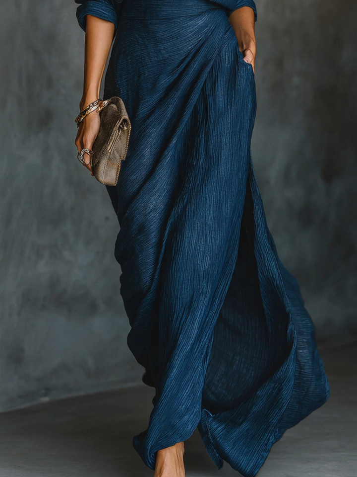 Zarya | Long Sleeve Shirt Set with Collar and Elegant Solid Color Maxi Pleated Skirt