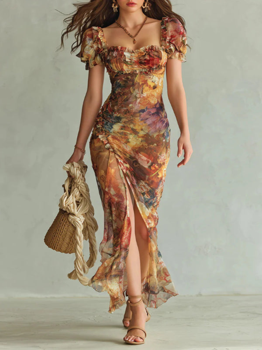 Clara | Elegant Maxi Dress with Square Neckline, Short Sleeves, and Floral Stripes