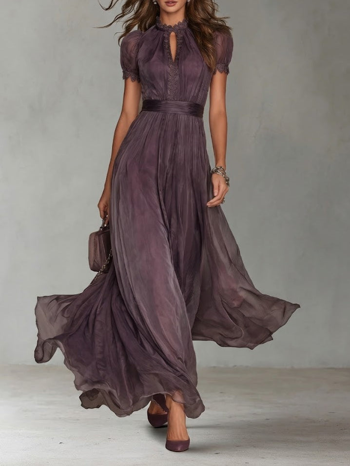 Flavia | Long Purple Dress with Drop Neckline and Chiffon Lace Trim