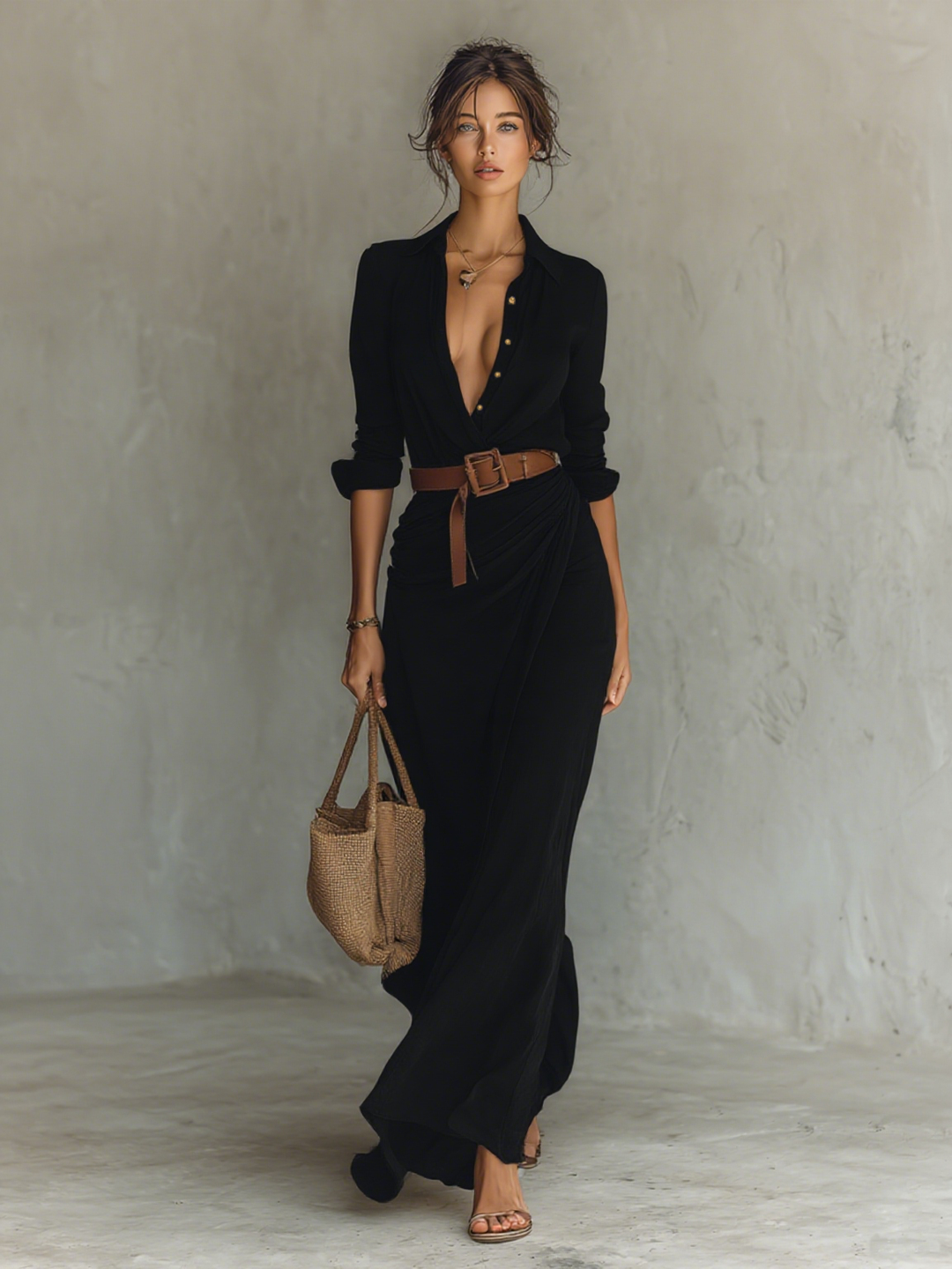 Margo | Long Maxi Dress with Notched Collar and Long Sleeves for Women