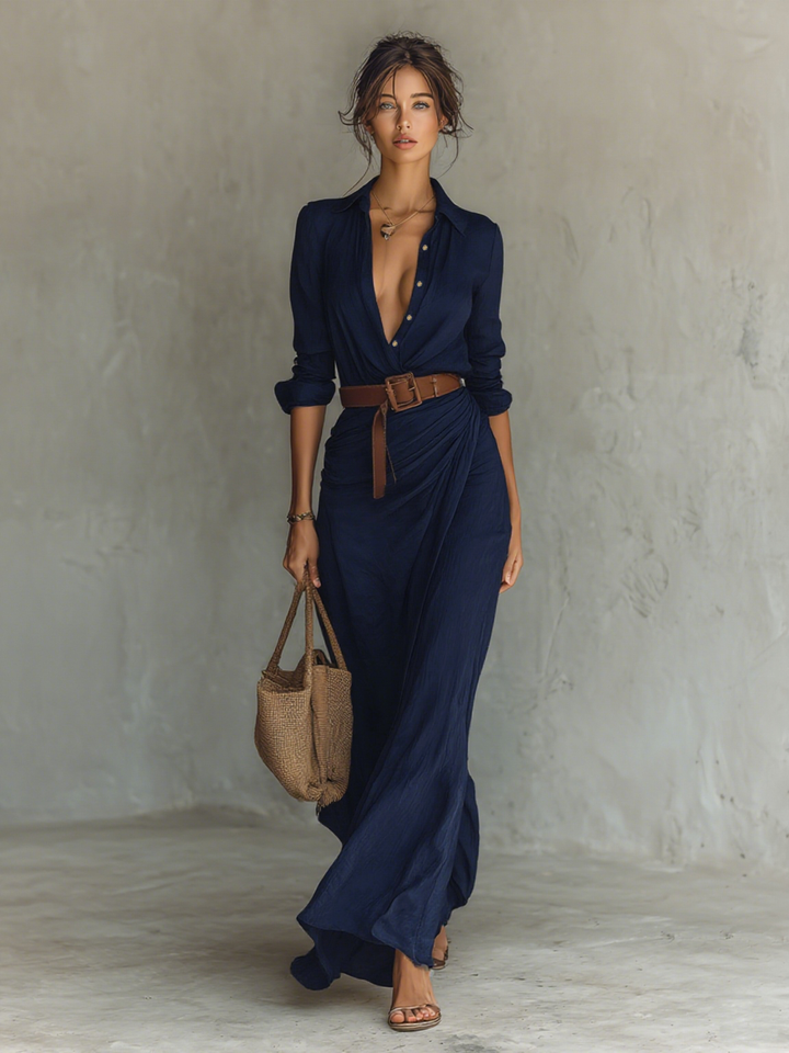 Margo | Long Maxi Dress with Notched Collar and Long Sleeves for Women