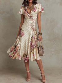 Alba - Elegant Retro Floral Satin Midi Dress