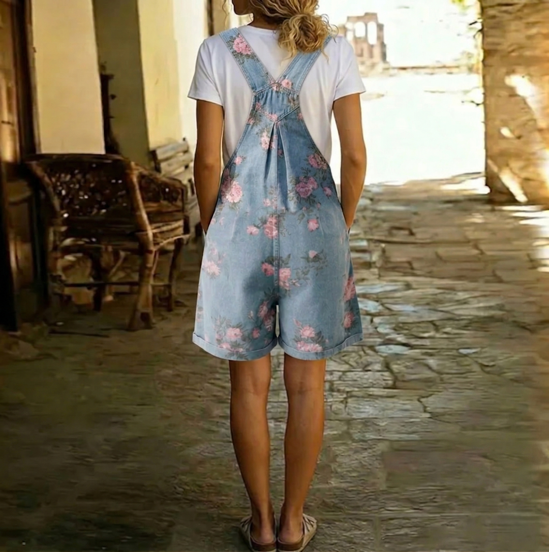 Adriana - Floral denim jumpsuit with soft cotton and vintage wash