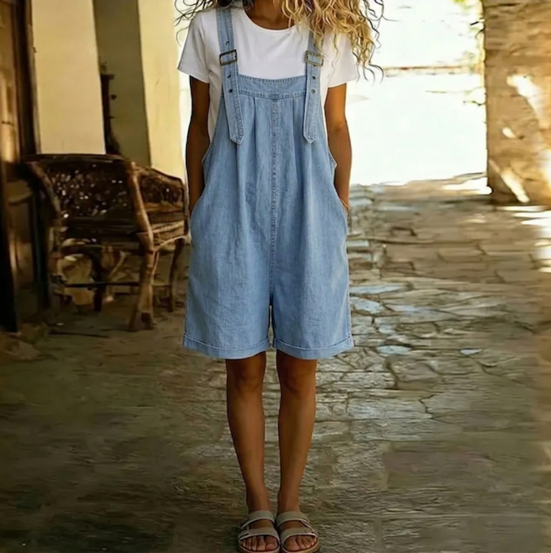 Isabel - Short denim jumpsuit with soft cotton look and vintage wash Light Blue