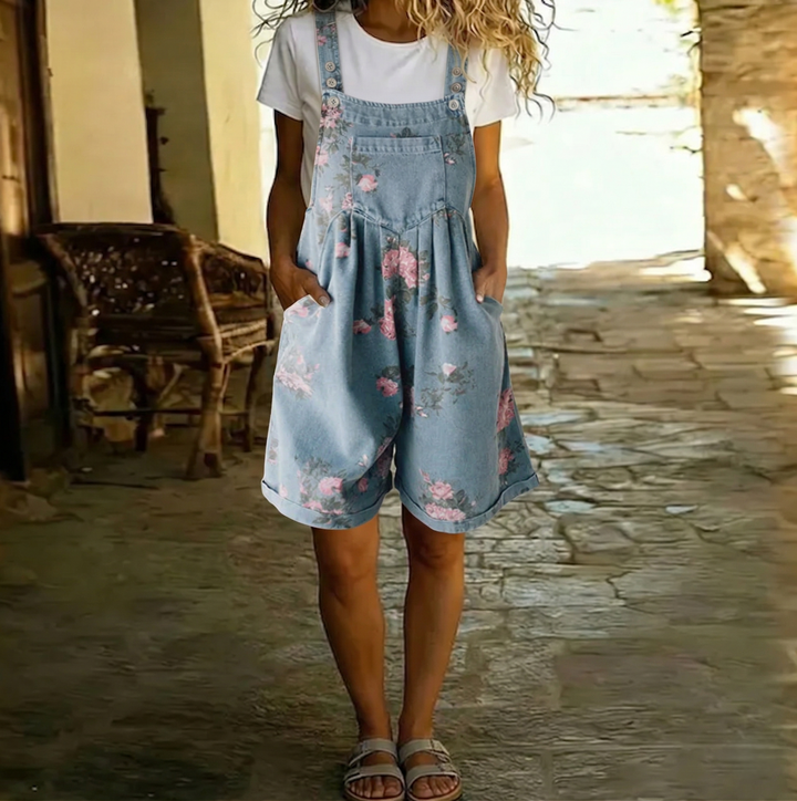 Adriana - Floral denim jumpsuit with soft cotton and vintage wash