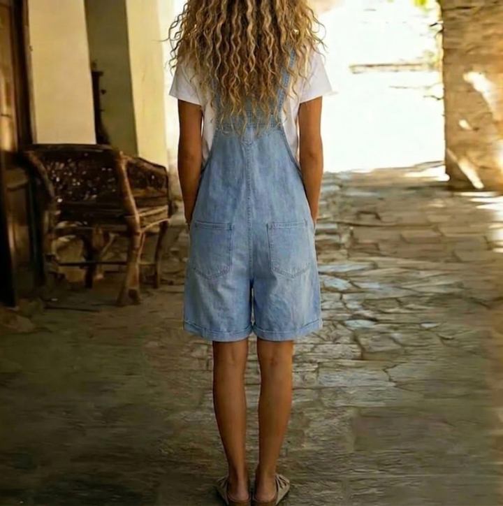 Isabel - Short denim jumpsuit with soft cotton look and vintage wash Light Blue