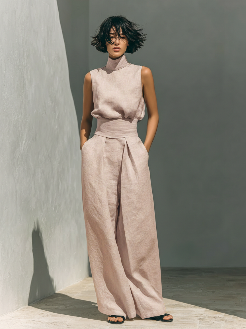Tatiana | Two Piece Set  Sleeveless Blouse & Wide-leg Pants made of a cotton-linen blend.