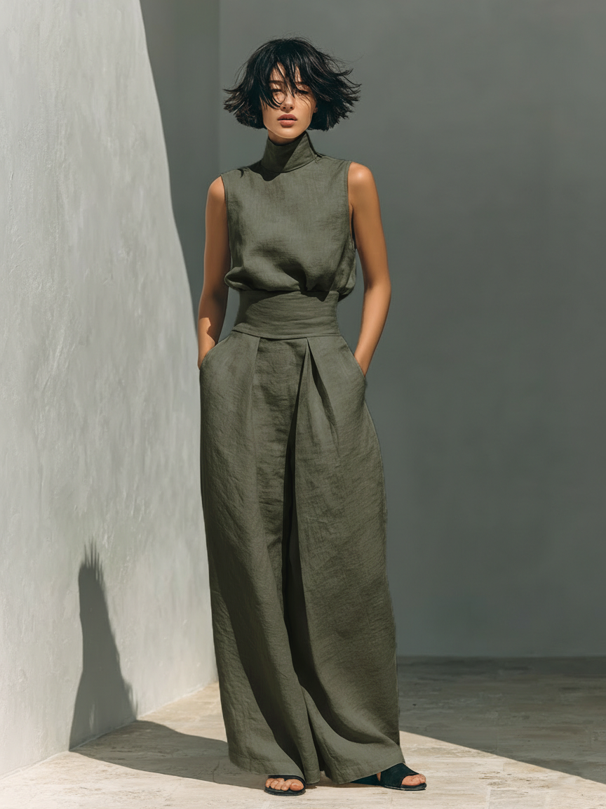 Tatiana | Two Piece Set  Sleeveless Blouse & Wide-leg Pants made of a cotton-linen blend.