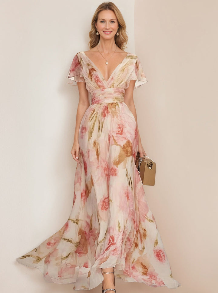Phoebe | Floral Printed V-Neck Dress with Short Sleeves and Ruffles