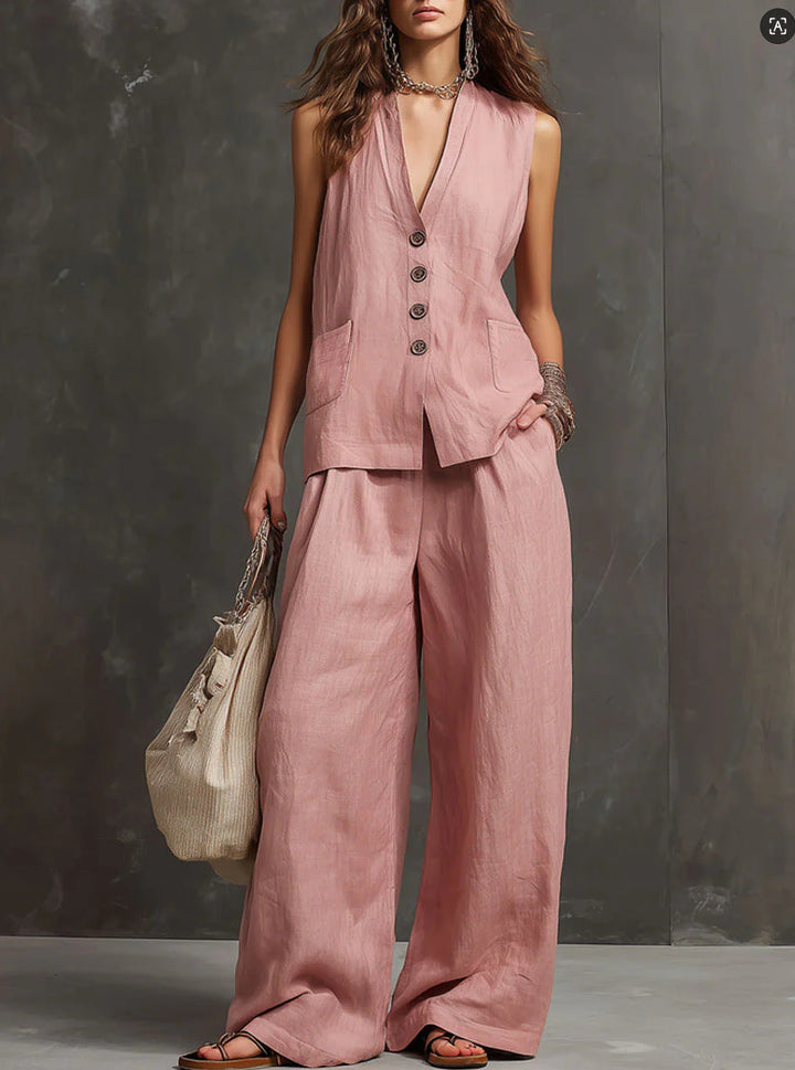 Laura | Two-piece Cotton Linen Set Sleeveless vest & wide-leg trousers