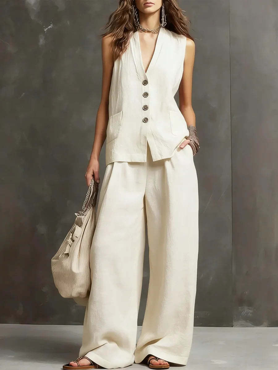 Laura | Two-piece Cotton Linen Set Sleeveless vest & wide-leg trousers