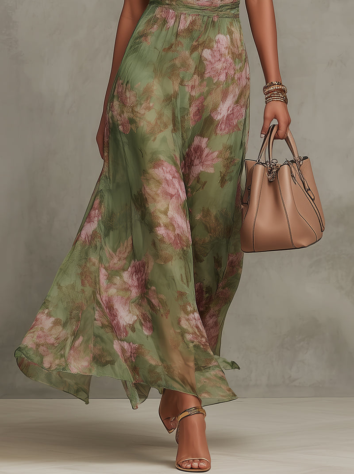 Serena - Long green floral chiffon dress with halter neck