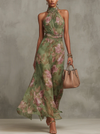 Serena - Long green floral chiffon dress with halter neck