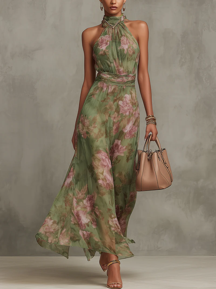 Serena - Long green floral chiffon dress with halter neck