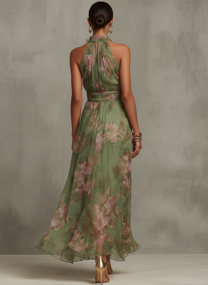 Serena - Long green floral chiffon dress with halter neck