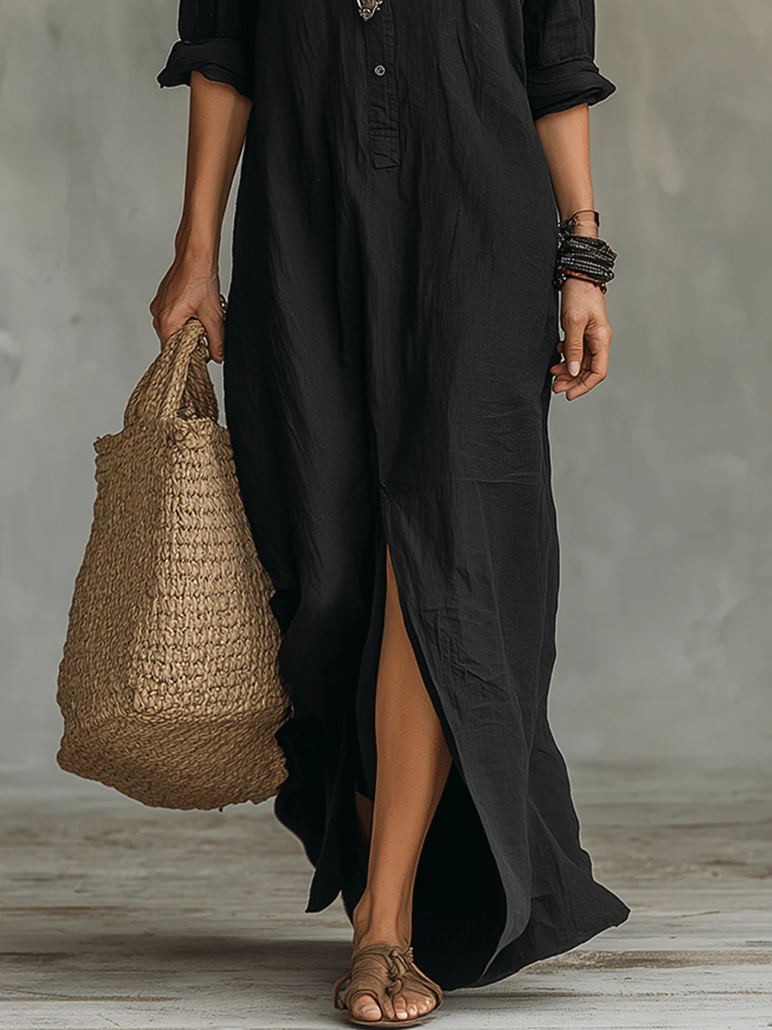 Soline | Black Long Loose Dress with Buttons