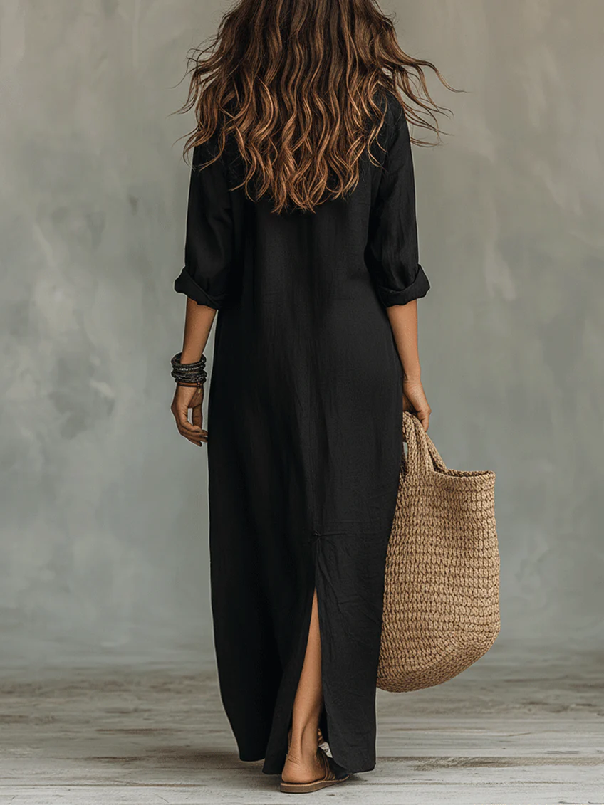 Soline | Black Long Loose Dress with Buttons